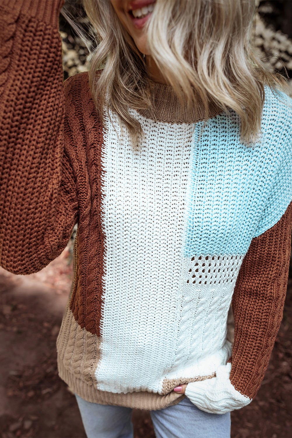 Colorblock Mix Textured Knit Super Soft Patchwork Sweater