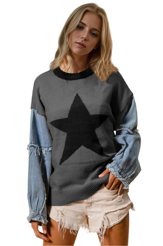 Double Take Star Front Raw Edge Sweater with Denim Sleeves