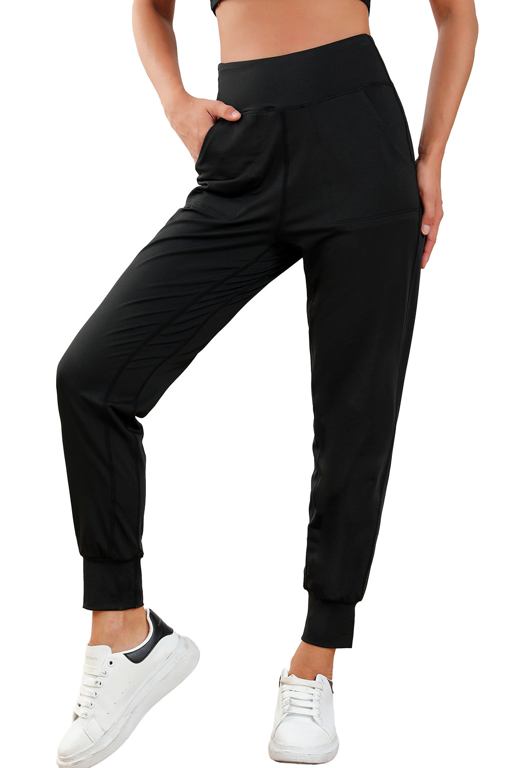 Black Exposed Seam High Waist Pocketed Joggers, Women's Butter Joggers Soft Comfy Athleisure Jogger Pants With Pockets Activewear Yoga Pants Standard & Plus Size: S-3X