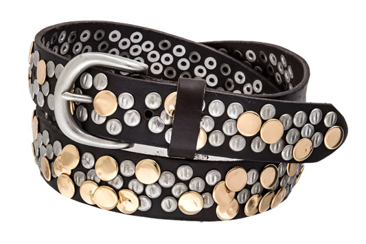Black Studded Leather Belt – Silver & Gold Accents Hammered Studs Retro Biker Leather Belt