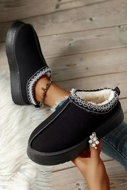 Black Suede Contrast Print Plush Lined Snow Boots