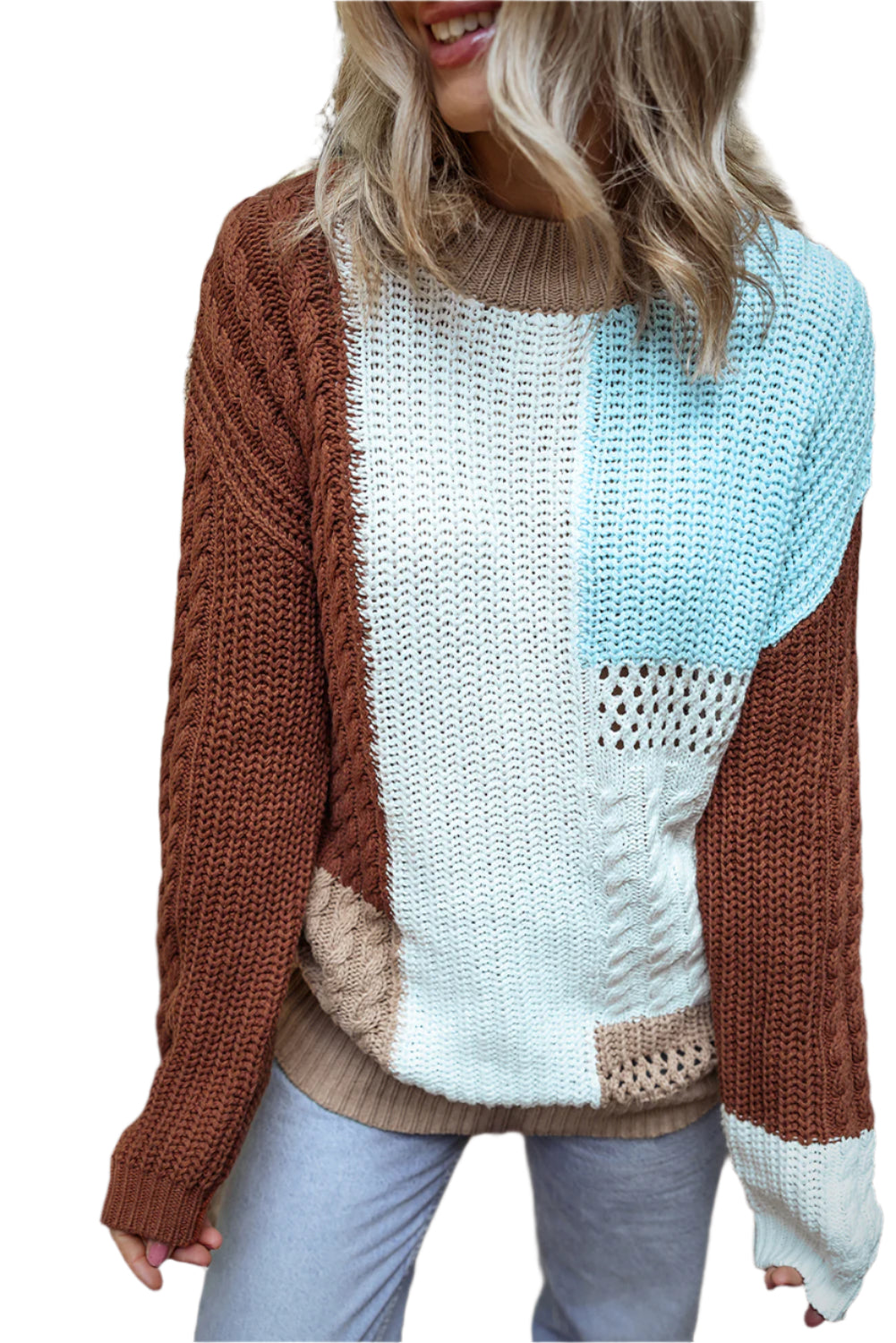 Colorblock Mix Textured Knit Super Soft Patchwork Sweater