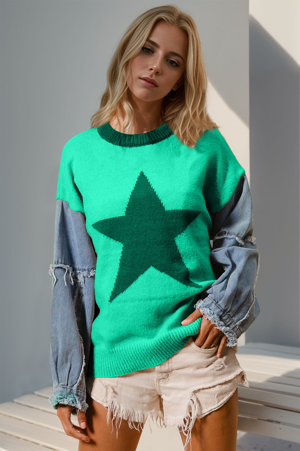 Double Take Star Front Raw Edge Sweater with Denim Sleeves