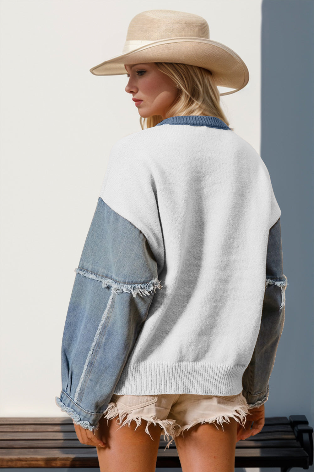 Double Take Star Front Raw Edge Sweater with Denim Sleeves