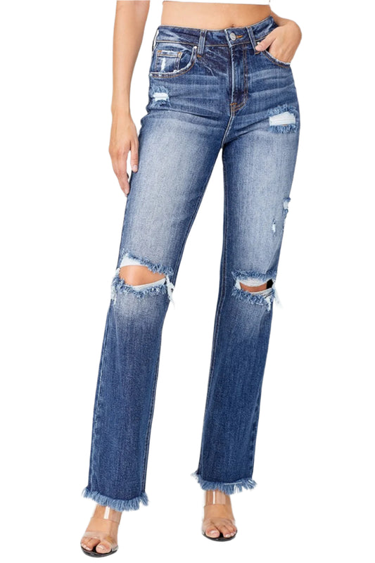 Risen Full Size Raw Hem Distressed Straight Jeans