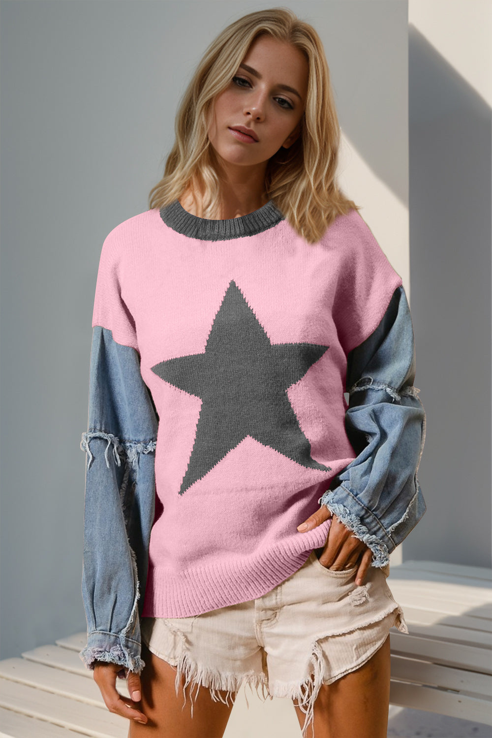 Double Take Star Front Raw Edge Sweater with Denim Sleeves
