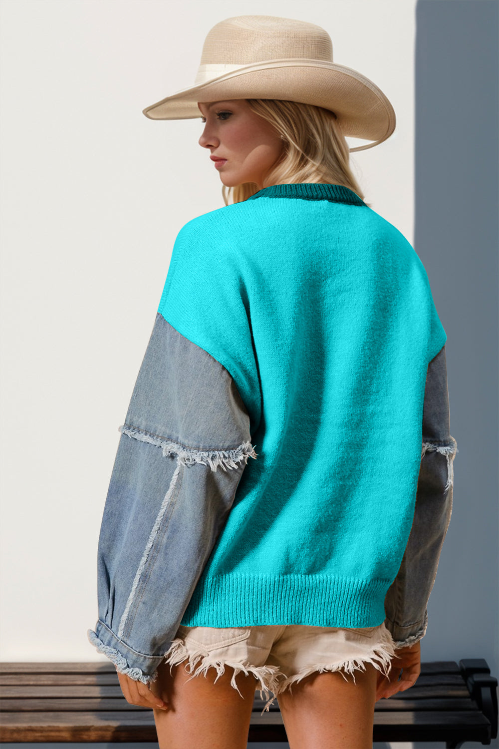 Double Take Star Front Raw Edge Sweater with Denim Sleeves