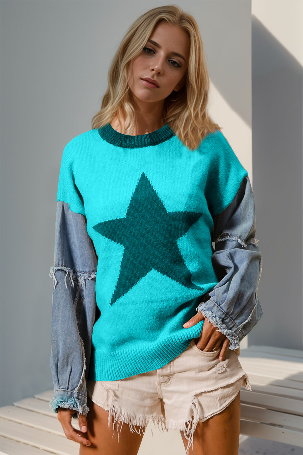 Double Take Star Front Raw Edge Sweater with Denim Sleeves