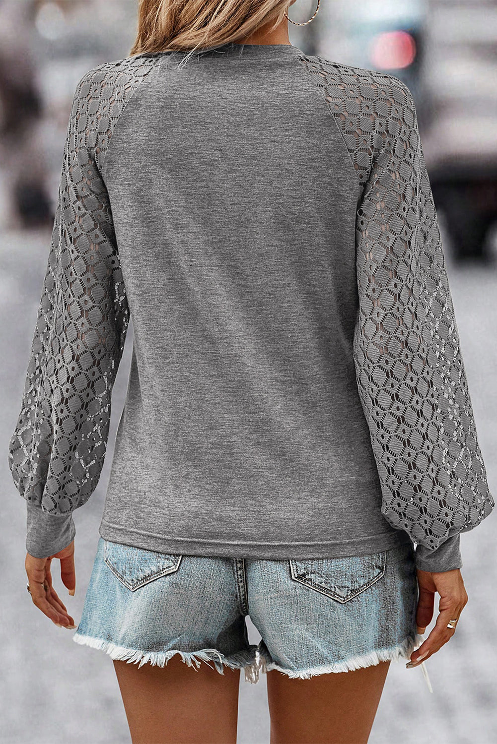 Gray Contrast Lace Raglan Sleeve Plicated Knit Top, New Bohemian top, Romantic Top ,Women's Sizes Small to XLarge