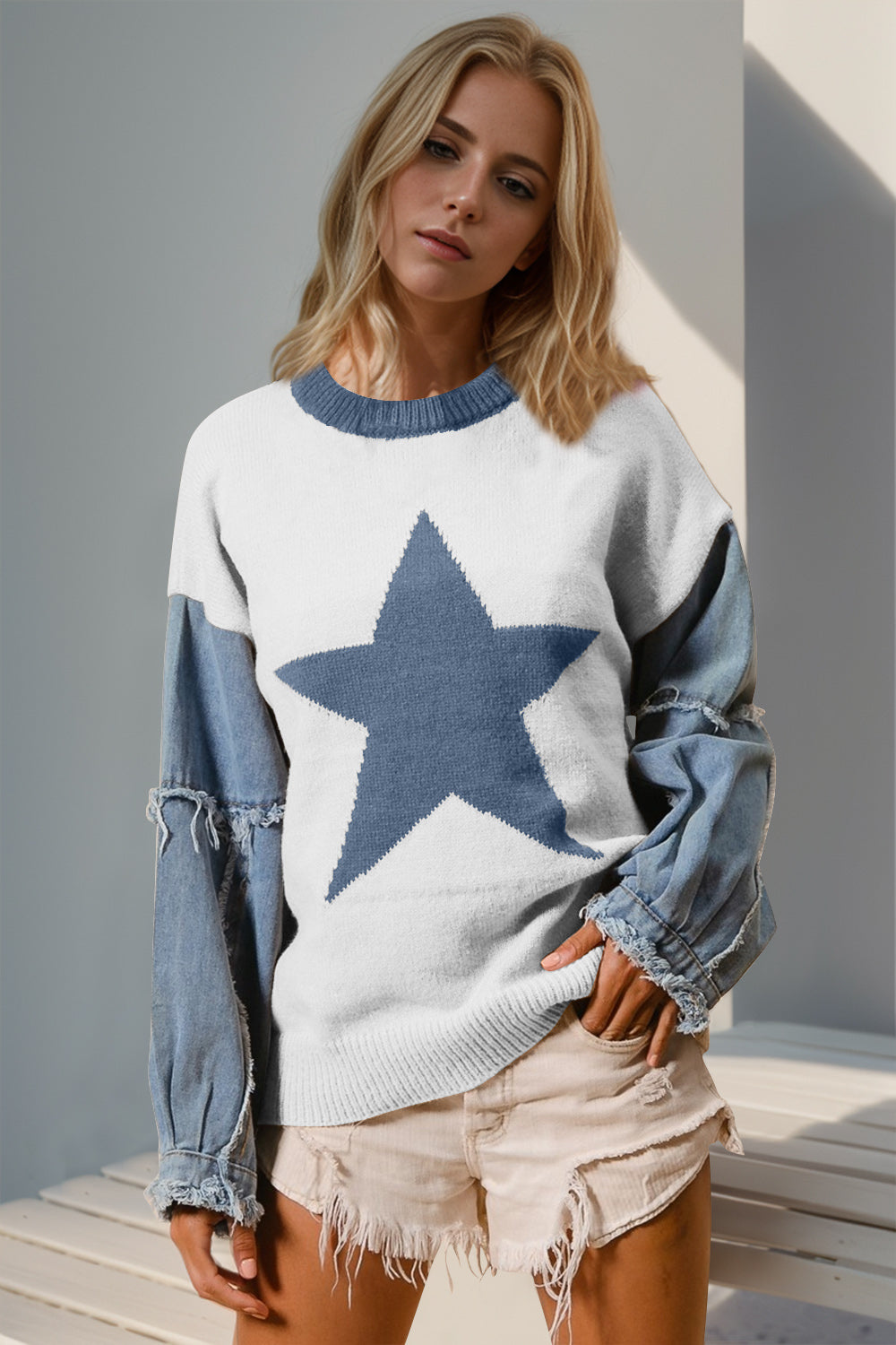 Double Take Star Front Raw Edge Sweater with Denim Sleeves