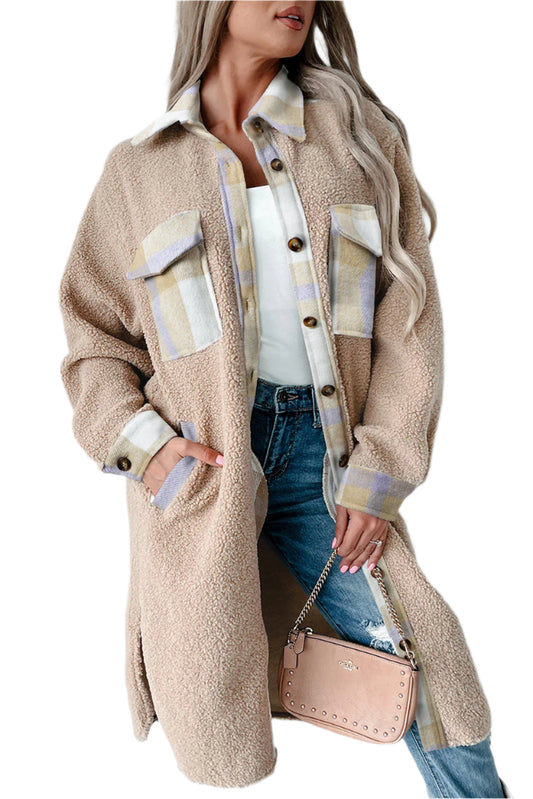 Smoke Gray Plaid Patchwork Collared Button-up Sherpa Long Coat