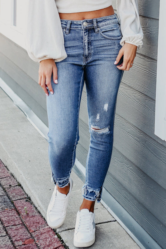 Light Blue Distressed Frayed Ankle Skinny Jeans, Plus Size Jeans, Torn Jeans, mid rise jeans