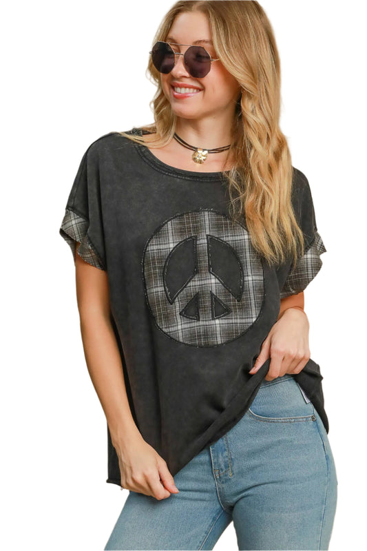 Umgee Peace Applique Round Neck French Terry Top