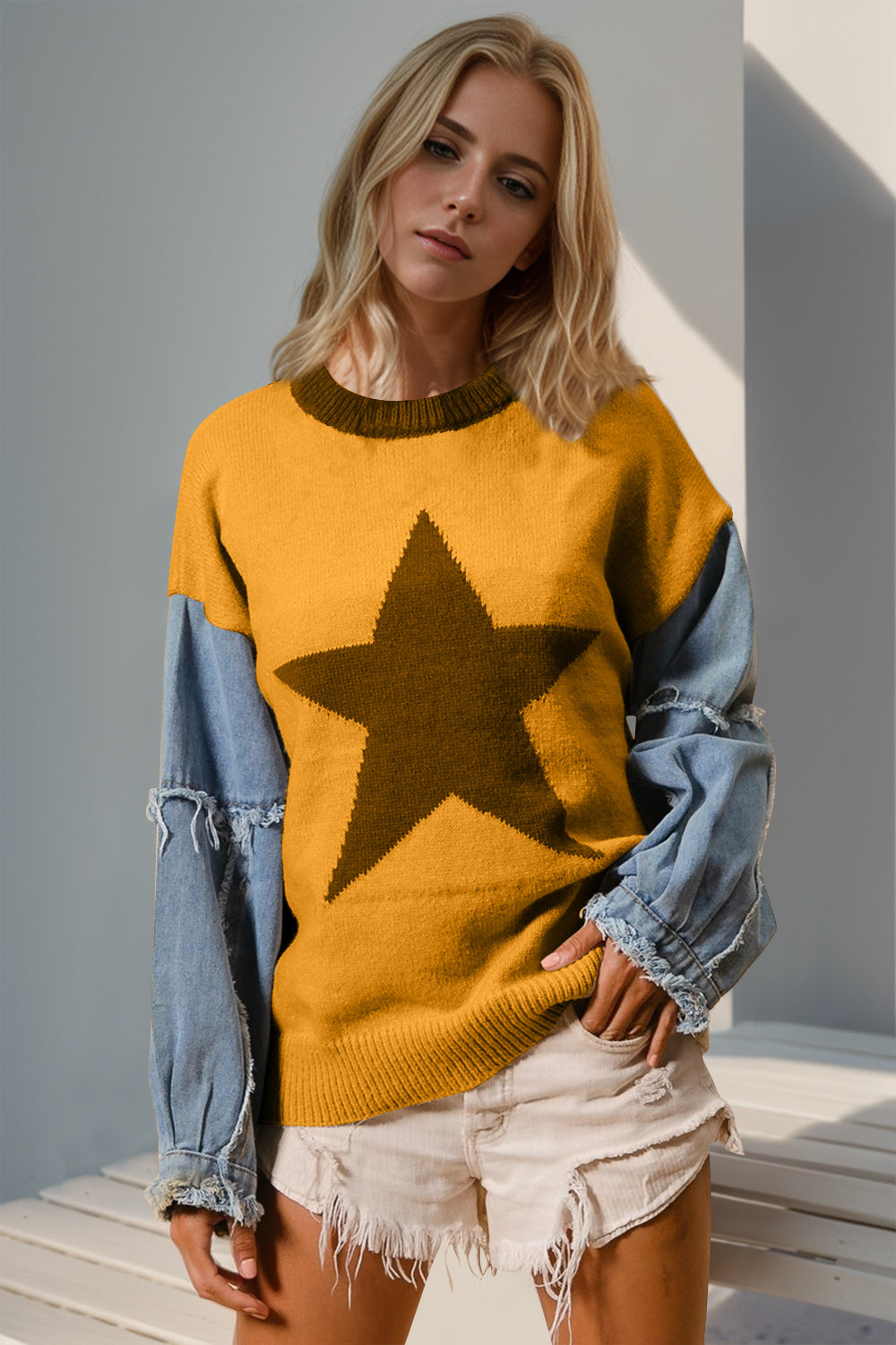Double Take Star Front Raw Edge Sweater with Denim Sleeves