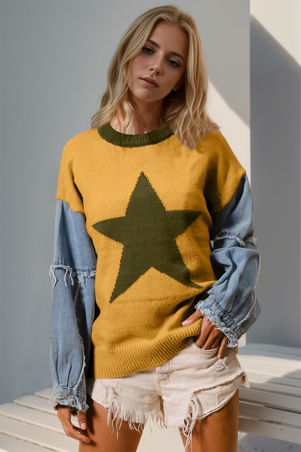 Double Take Star Front Raw Edge Sweater with Denim Sleeves