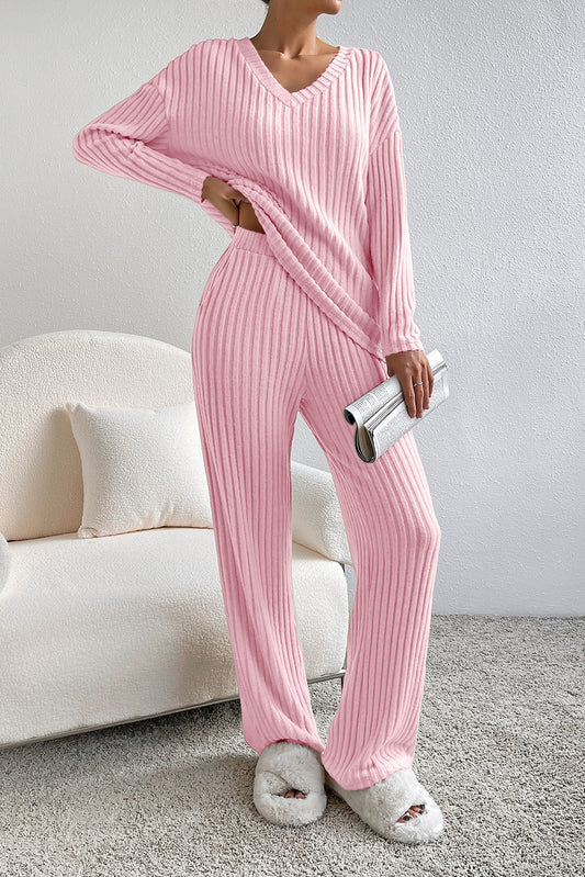 Light Pink Ribbed Knit V Neck Slouchy Two-piece Outfit, casual set, loungewear,
