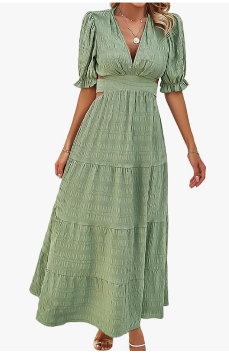 Solid Textured Soft Fabric Maxi Dress with Open tie back and Puff Sleeve