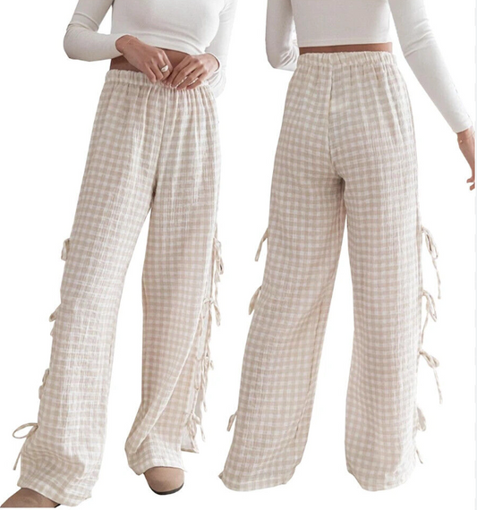 Gingham Wide-Leg Pants with Side Bow Tie