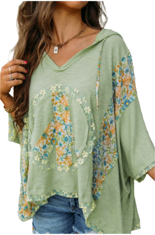Peace Patch Batwing Sleeve Hooded Blouse