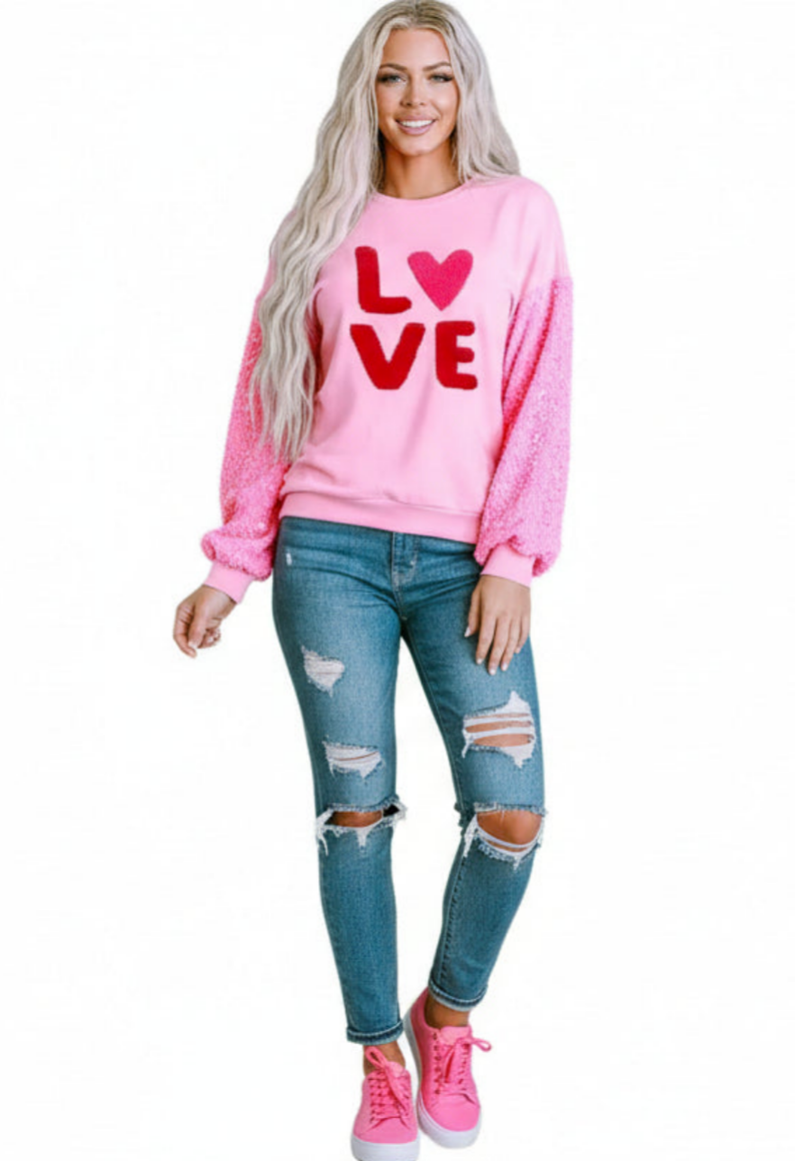 Light Pink LOVE Applique Sweatshirt – Sequin Drop Shoulder Sleeve | Cozy & Cute Women's Top