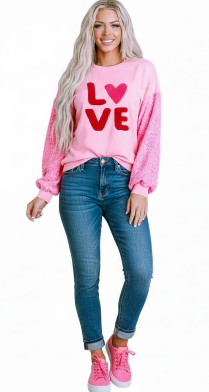 Light Pink LOVE Applique Sweatshirt – Sequin Drop Shoulder Sleeve | Cozy & Cute Women's Top
