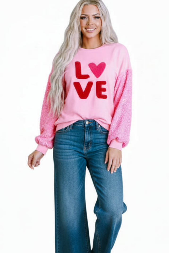 Light Pink LOVE Applique Sweatshirt – Sequin Drop Shoulder Sleeve | Cozy & Cute Women's Top