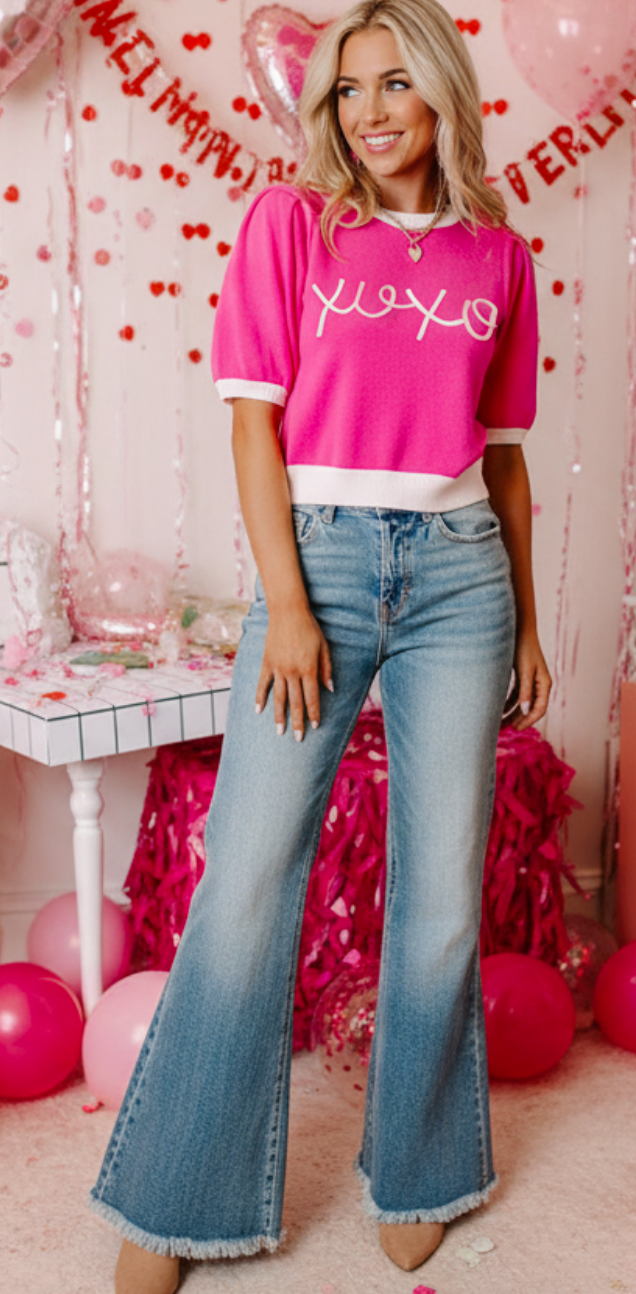 Bright Pink XOXO Valentine’s Sweater – Contrast Trim Crew Neck Short Sleeve | Cute & Cozy