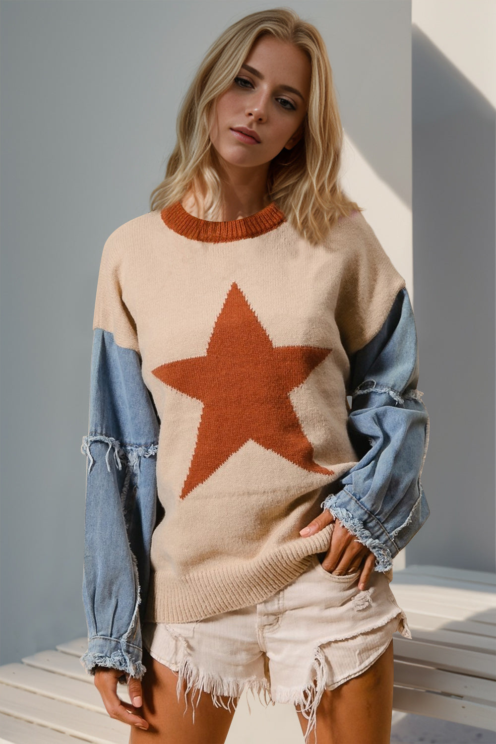 Double Take Star Front Raw Edge Sweater with Denim Sleeves