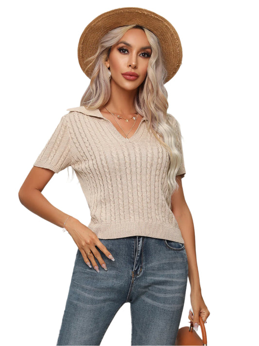 Cable-Knit Johnny Collar Short Sleeve Knit Top