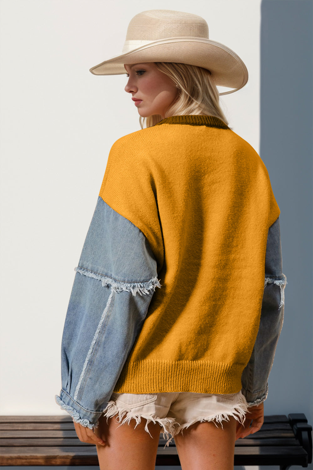 Double Take Star Front Raw Edge Sweater with Denim Sleeves