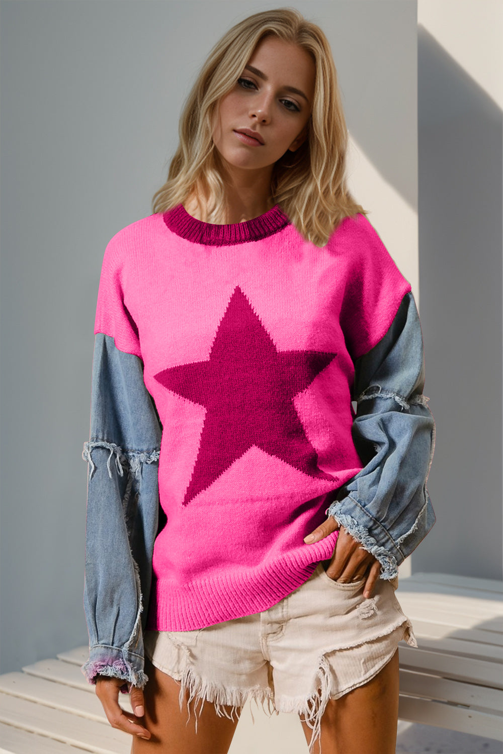 Double Take Star Front Raw Edge Sweater with Denim Sleeves