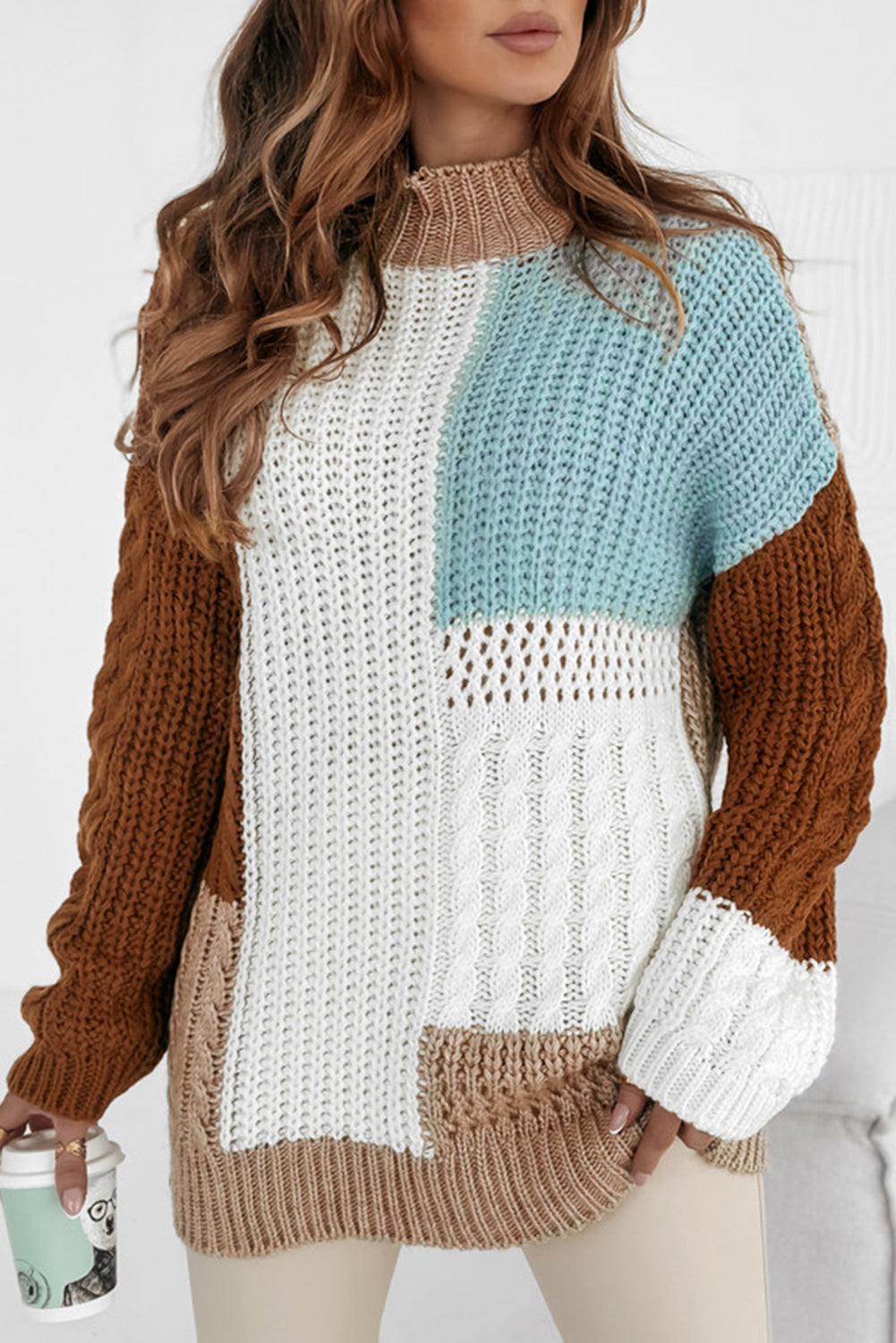 Colorblock Mix Textured Knit Super Soft Patchwork Sweater