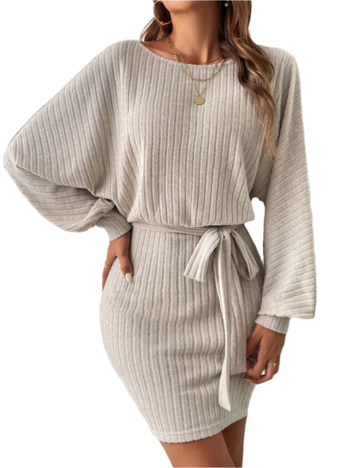 Round Neck Tie Waist Long Sleeve Mini Dress