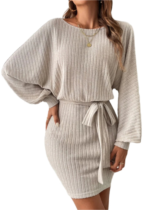 Round Neck Tie Waist Long Sleeve Mini Dress