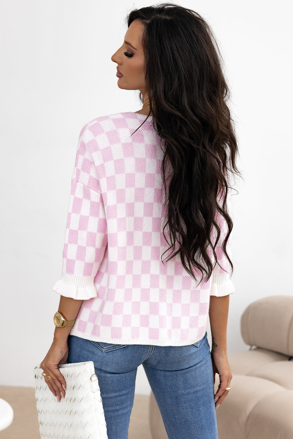 Light Pink Checkered Knitted Tie front Ruffled 3/4 Sleeve Cardigan