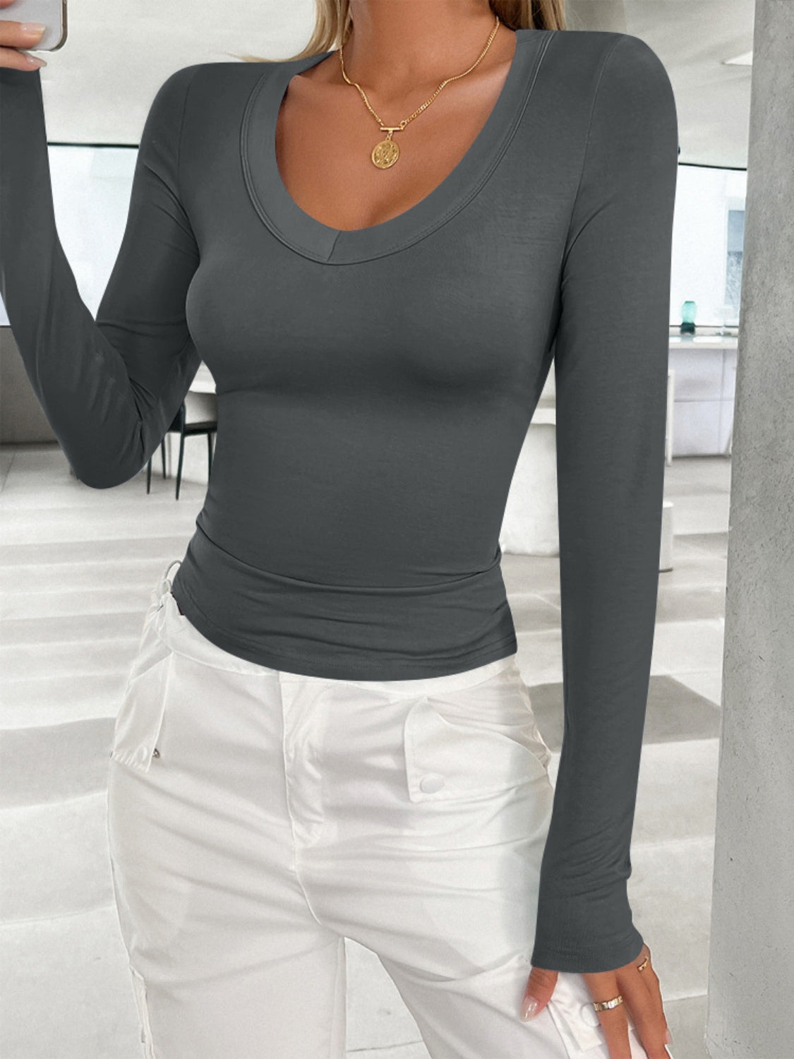 Super Soft Basic V-Neck Long Sleeve T-Shirt