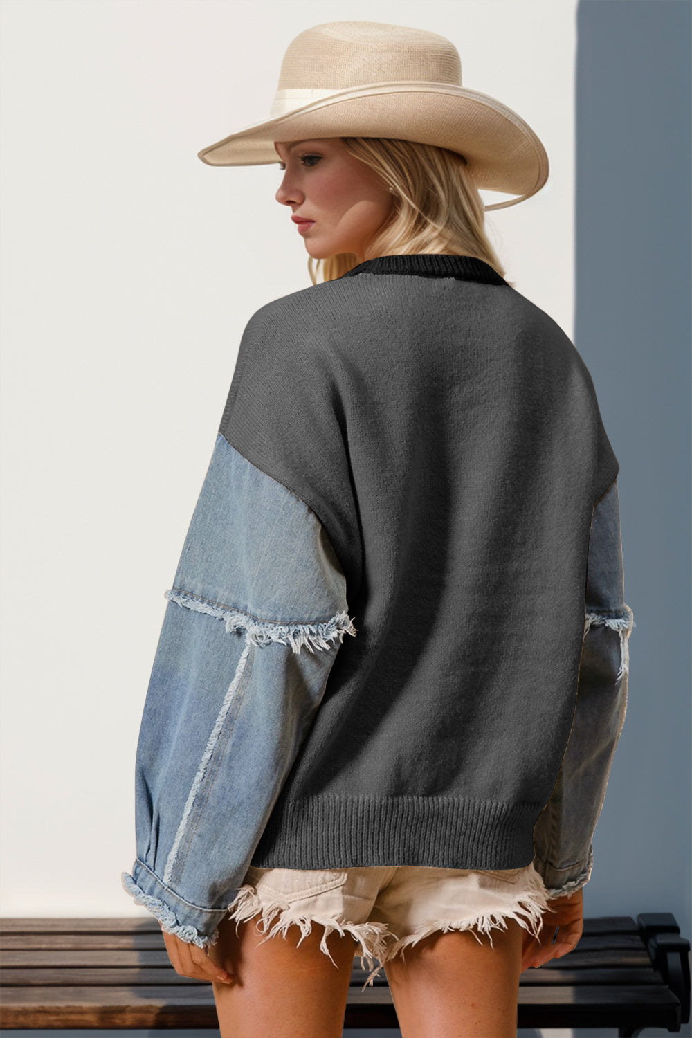 Double Take Star Front Raw Edge Sweater with Denim Sleeves