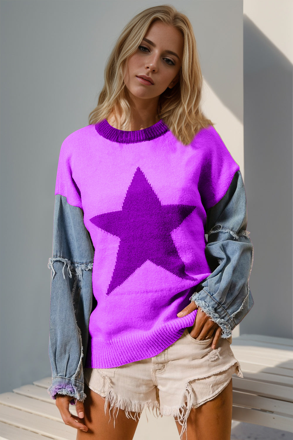 Double Take Star Front Raw Edge Sweater with Denim Sleeves