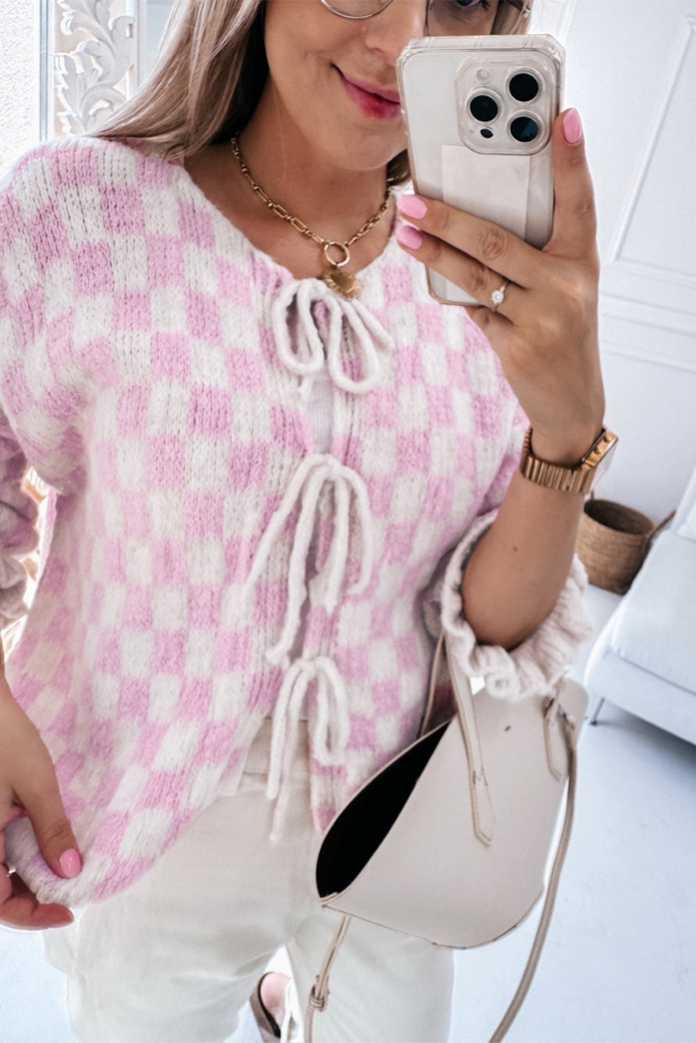 Light Pink Checkered Knitted Tie front Ruffled 3/4 Sleeve Cardigan