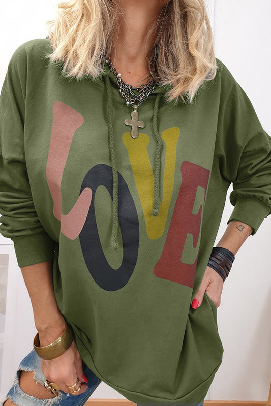 Mist Green LOVE Letter Graphic Drop Shoulder Oversize Hoodie, Love Sweatshirt, Valentines Day Shirt, Gift For Wife, Gift For Her, Cute Love Sweatshirt, Women Love Sweatshirt