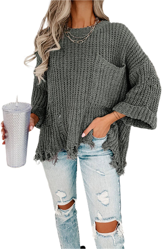 Gray Ripped Raw Hem Chunky Pullover Sweater