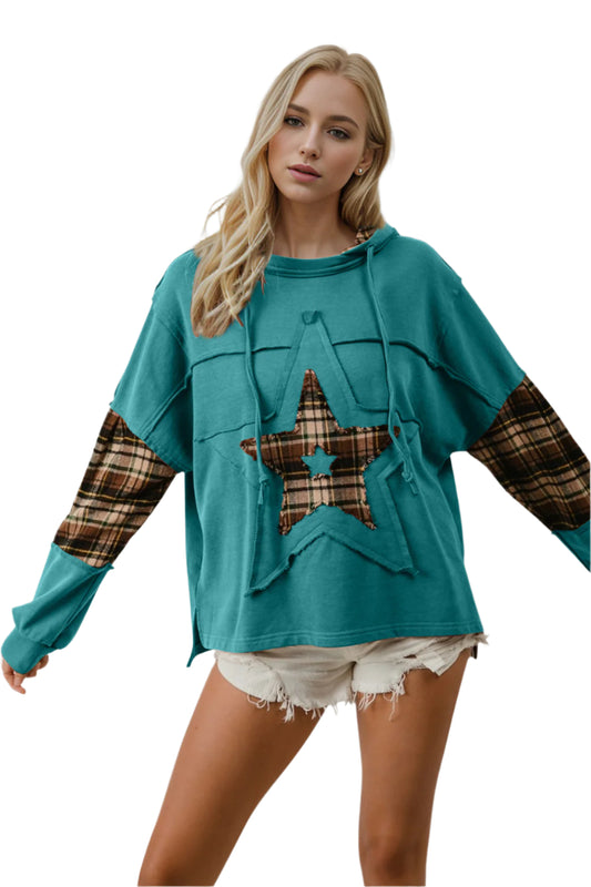 Double Take Drawstring Plaid Star Patch Long Sleeve Hoodie