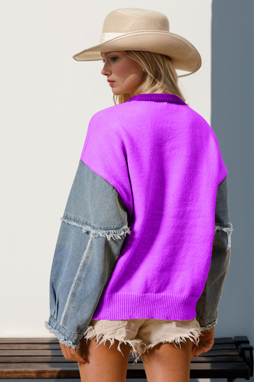 Double Take Star Front Raw Edge Sweater with Denim Sleeves