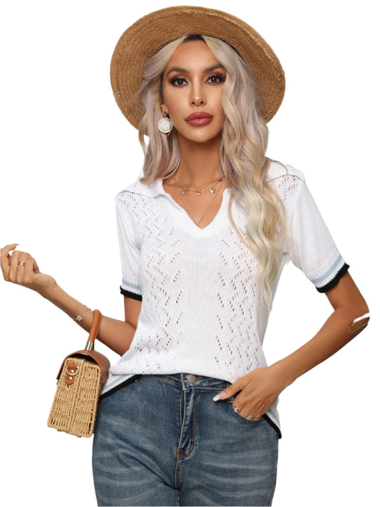 Johnny Collar Openwork Short Sleeve Knit Top