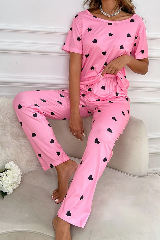 Pink Valentines Heart Print Tee and Pants Lounge Set,Cute Heart Print Womens Pajama Set - Valentines Gift Loose Cotton Casual Sleepwear, Pajamas, Night Cozy/Cosy Clothes For her