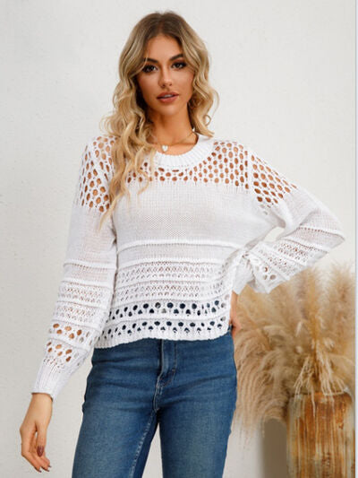 Solid Color Pointelle Knit Puff Sleeve Sweater