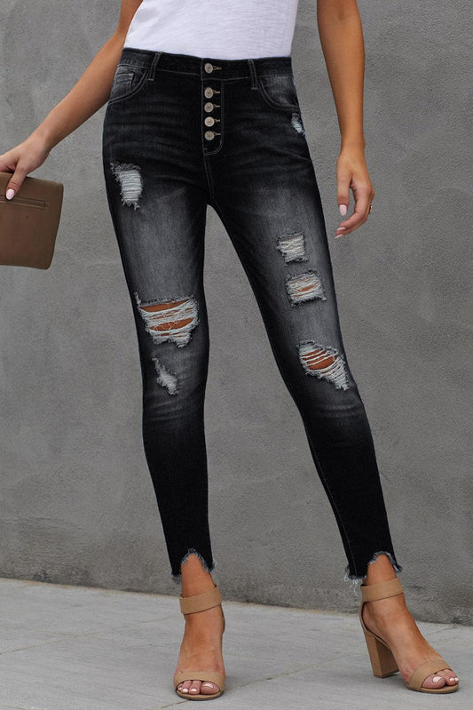 Button Fly Hem Detail Ankle-Length Skinny Jeans - La Pink