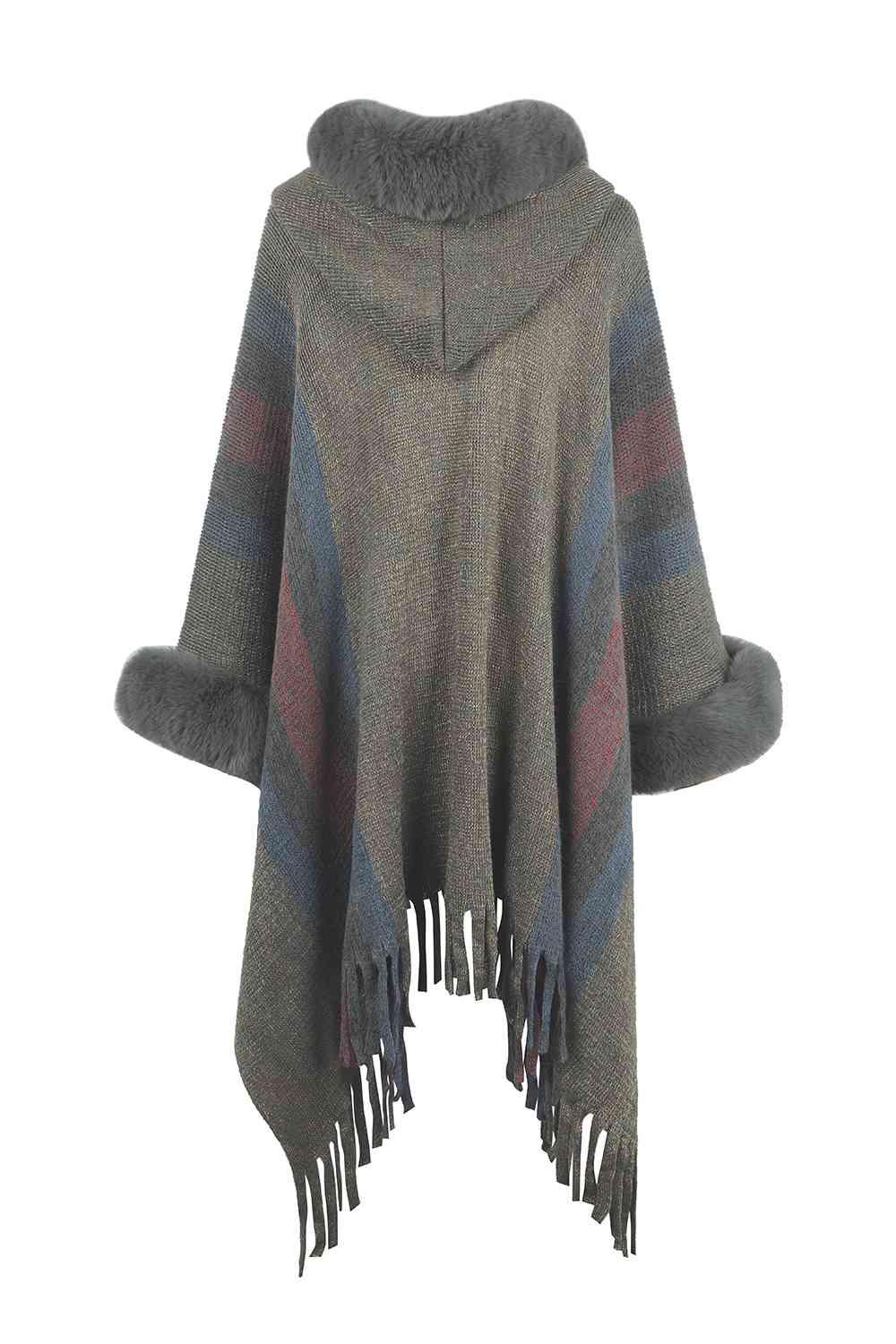 Color Block Fringe Detail Poncho - La Pink