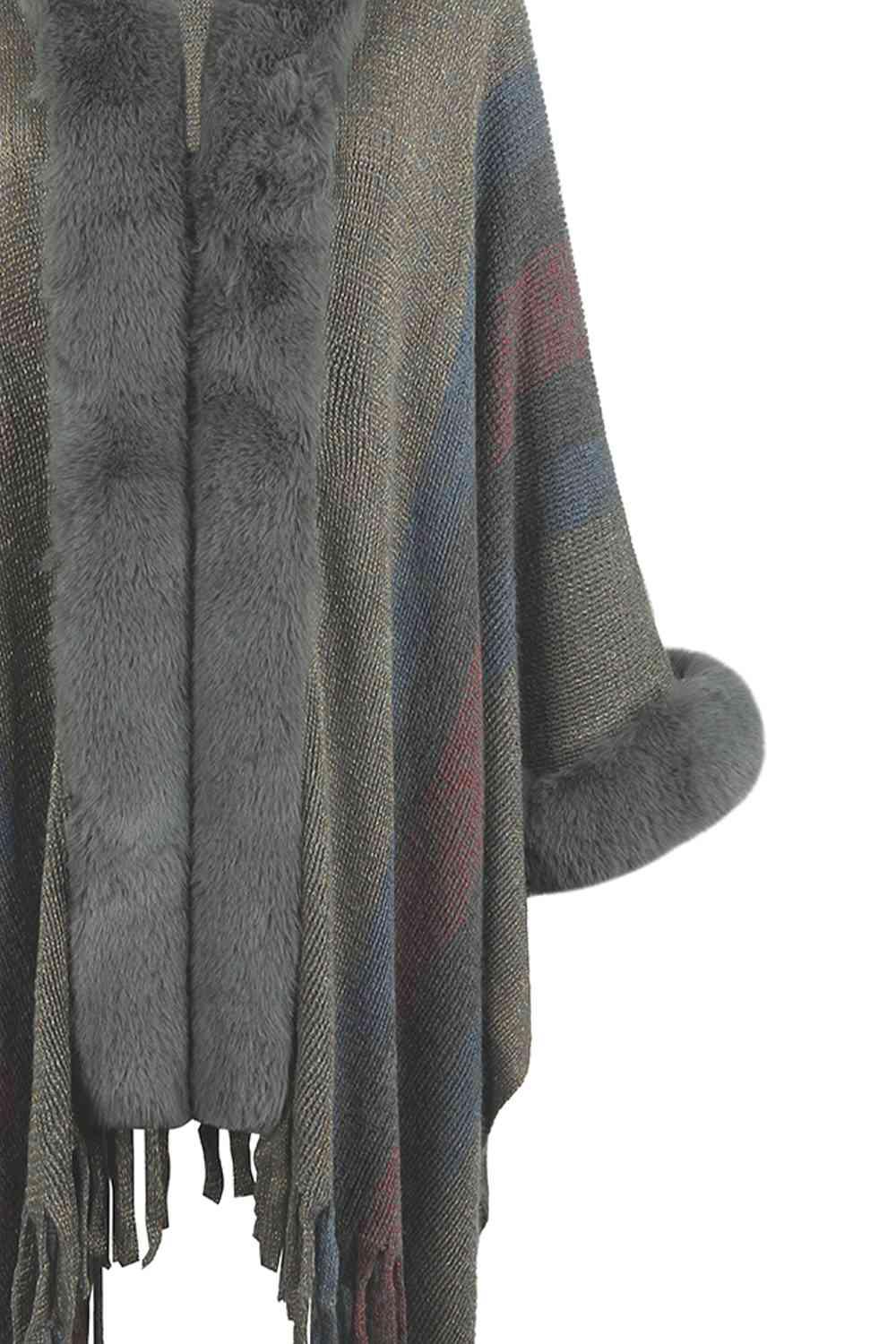 Color Block Fringe Detail Poncho - La Pink