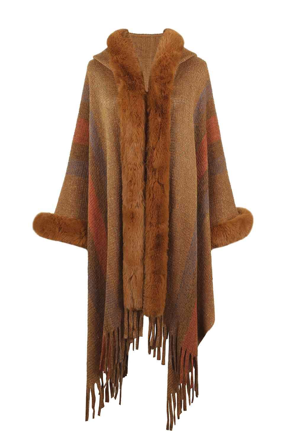 Color Block Fringe Detail Poncho - La Pink